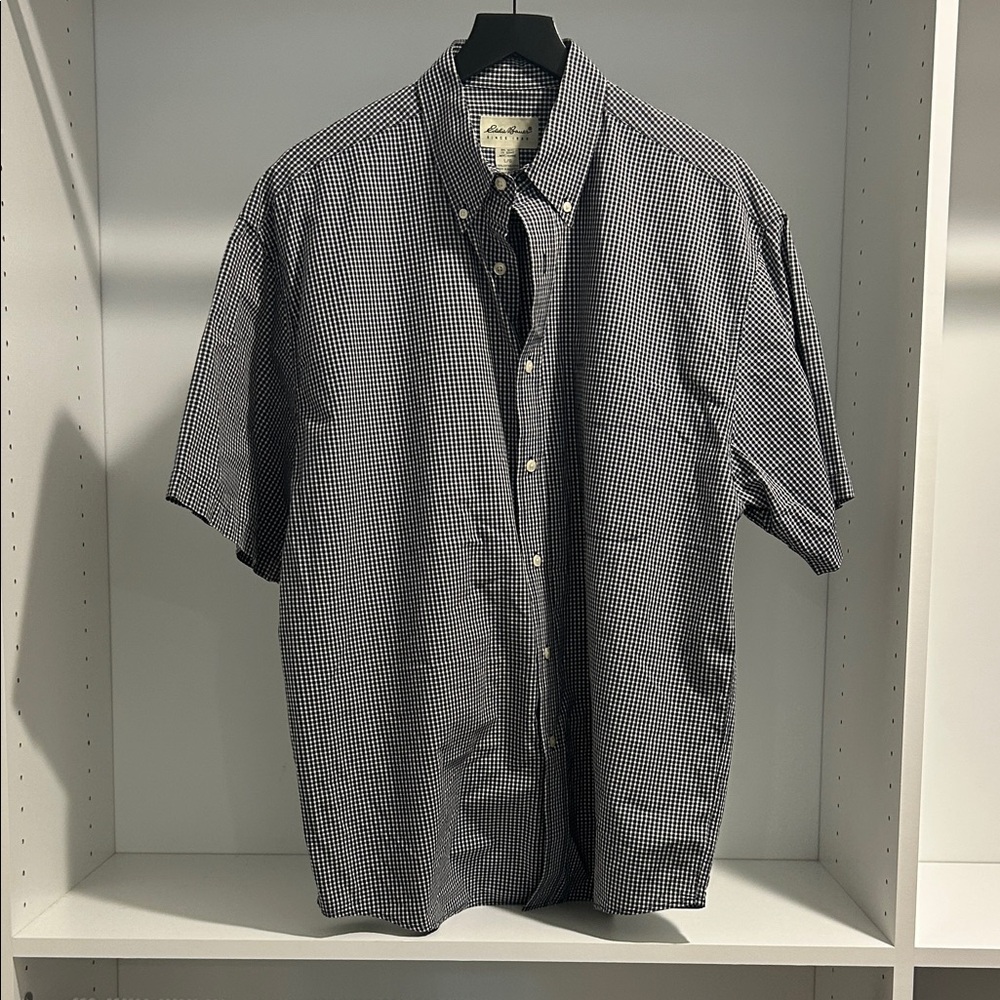 Eddie Bauer Navy and White Gingham Short-Sleeve Button-Down Shirt